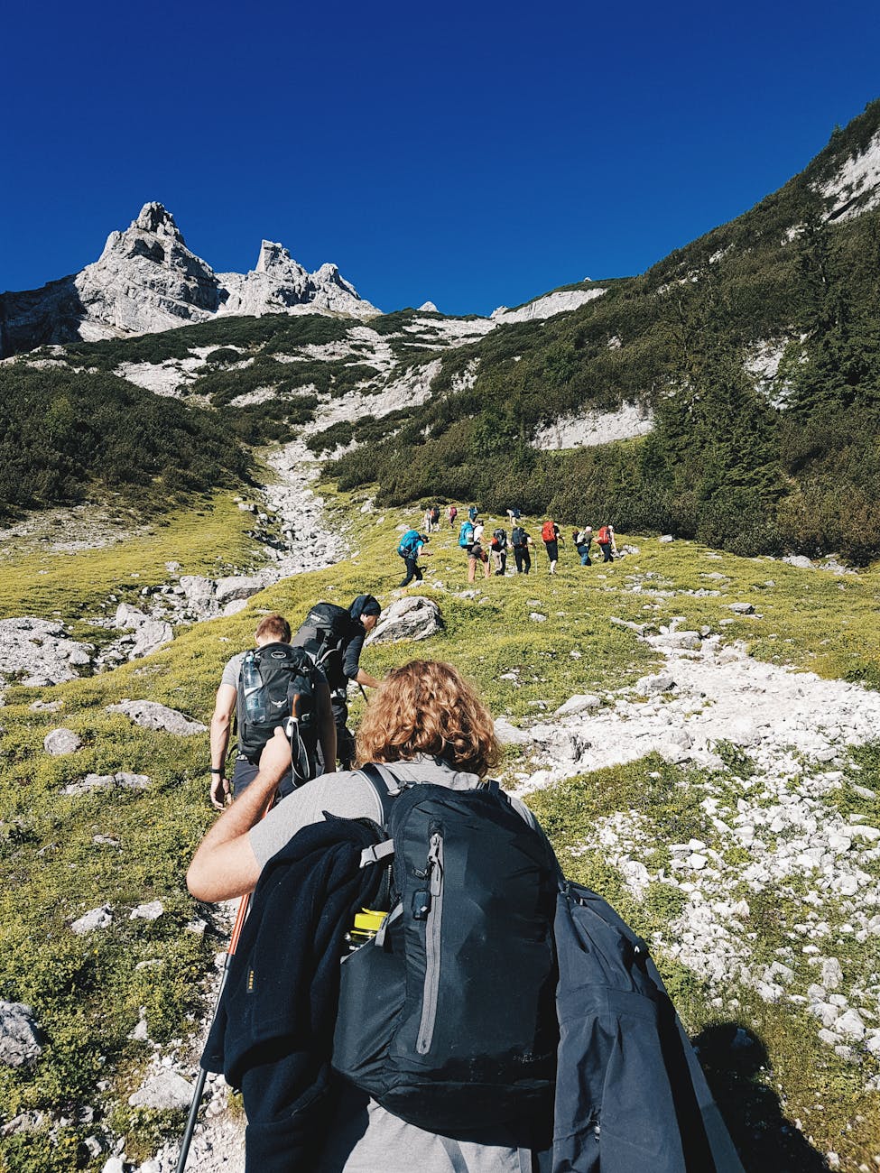 group people hiking on hill